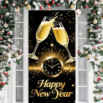 Black Gold 2026 Happy New Year Theme Party Door Decor Backdrop New Year Clock Gift Champagne Party Cake Table Porch Decor Banner