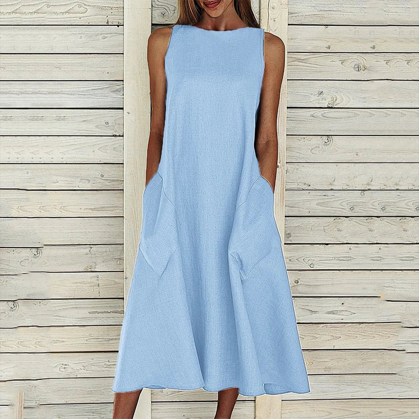 Women'S Loose Dress Cotton Linen Solid Color Summer New Maxi Dress Sleeveless Round Neck With Pocket Casual Daily Long Dress