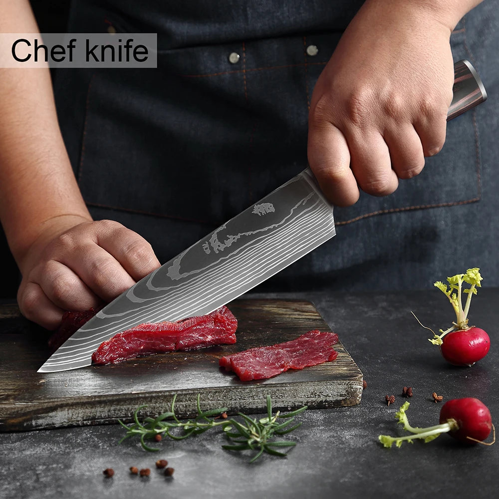 High quality 440C German Steel Kitchen Knife Damascus Laser Pattern Chef Knife Cleaver Filleting Santoku Knife Best Kitchen Tool