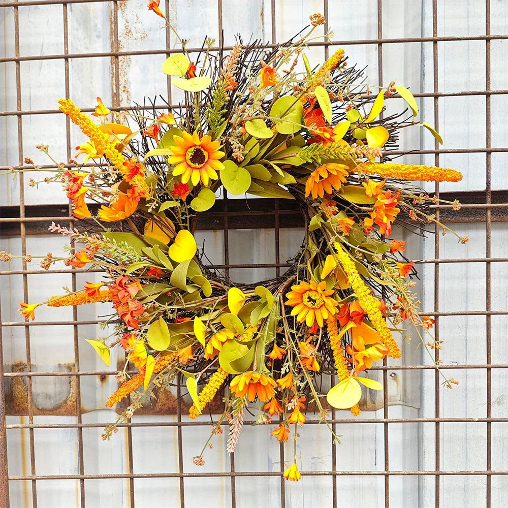 17.7" Fall Wreath for Front Door Orange Farmhouse Harvest Sunflower Wreath with Daisy Flowers Thanksgiving Wreath for Front Door