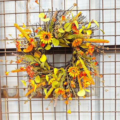 17.7" Fall Wreath for Front Door Orange Farmhouse Harvest Sunflower Wreath with Daisy Flowers Thanksgiving Wreath for Front Door