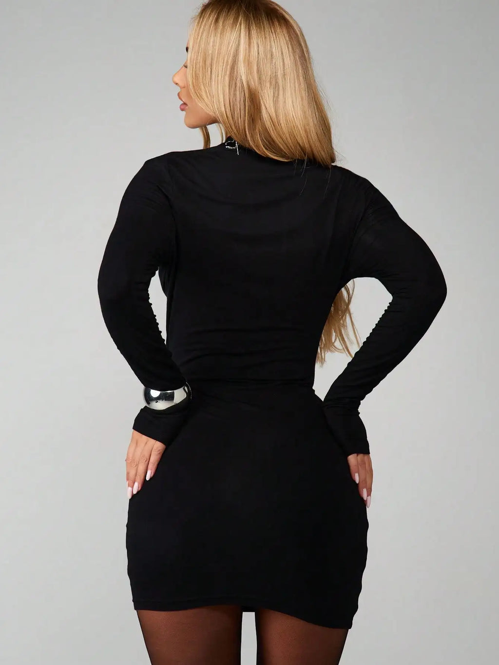 Black Long Sleeve Cut-Out Chest Mock Neck Bodycon Mini Dress