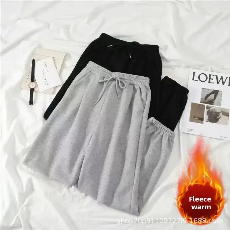 Thickened Fleece Black Sports Pants Pure Color Casual Trousers Autumn Winter New Style Slimming Harlan Pants for Women