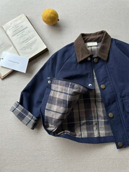 2025  Spring Autumn Kids Boys Jacket Plaid Spliced Pocket Long Sleeve Toddler Boys Outerwears Coat Children Boys Jacket
