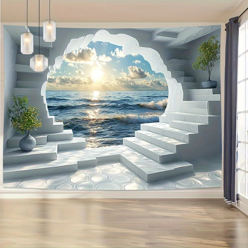 Seaside Window Scene Tapestry - Soft polyester wall art with vibrant ocean scenery, hand-stitched edges, bedroom and home decor