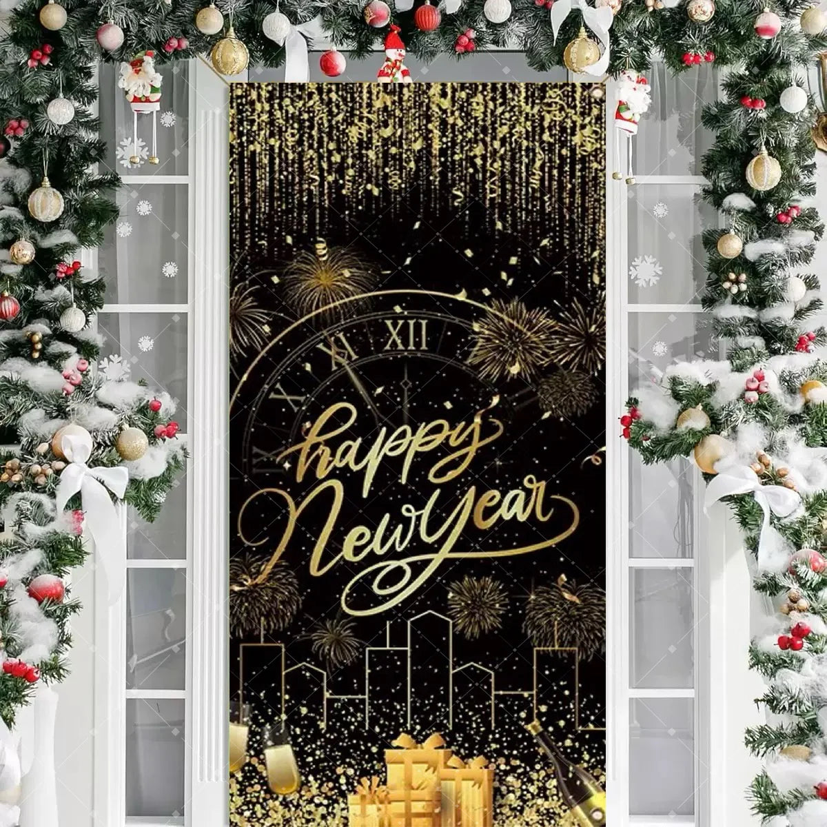 Black Gold 2026 Happy New Year Theme Party Door Decor Backdrop New Year Clock Gift Champagne Party Cake Table Porch Decor Banner