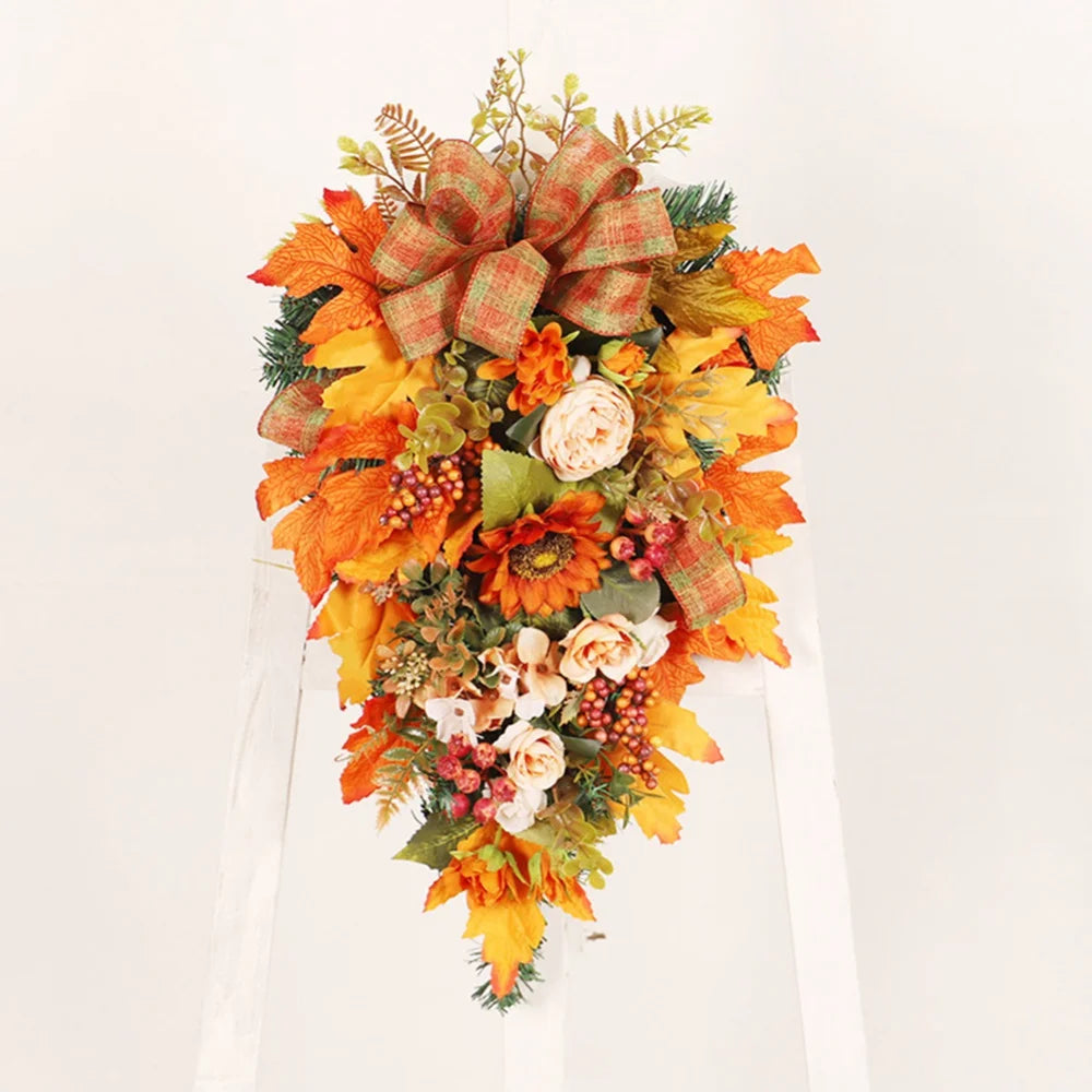 Thanksgiving Door Decorations Fall Wreath Artificial Garland With Peony Berries Maple Sunflower Leaves Harvest Party Pendant