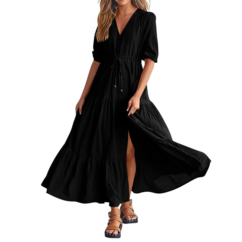 Women Button Drawstring Maxi Dresses Summer Lantern Sleeve Solid Color Boho Long Dresses Sexy A Line Tierred Large Swing Dress
