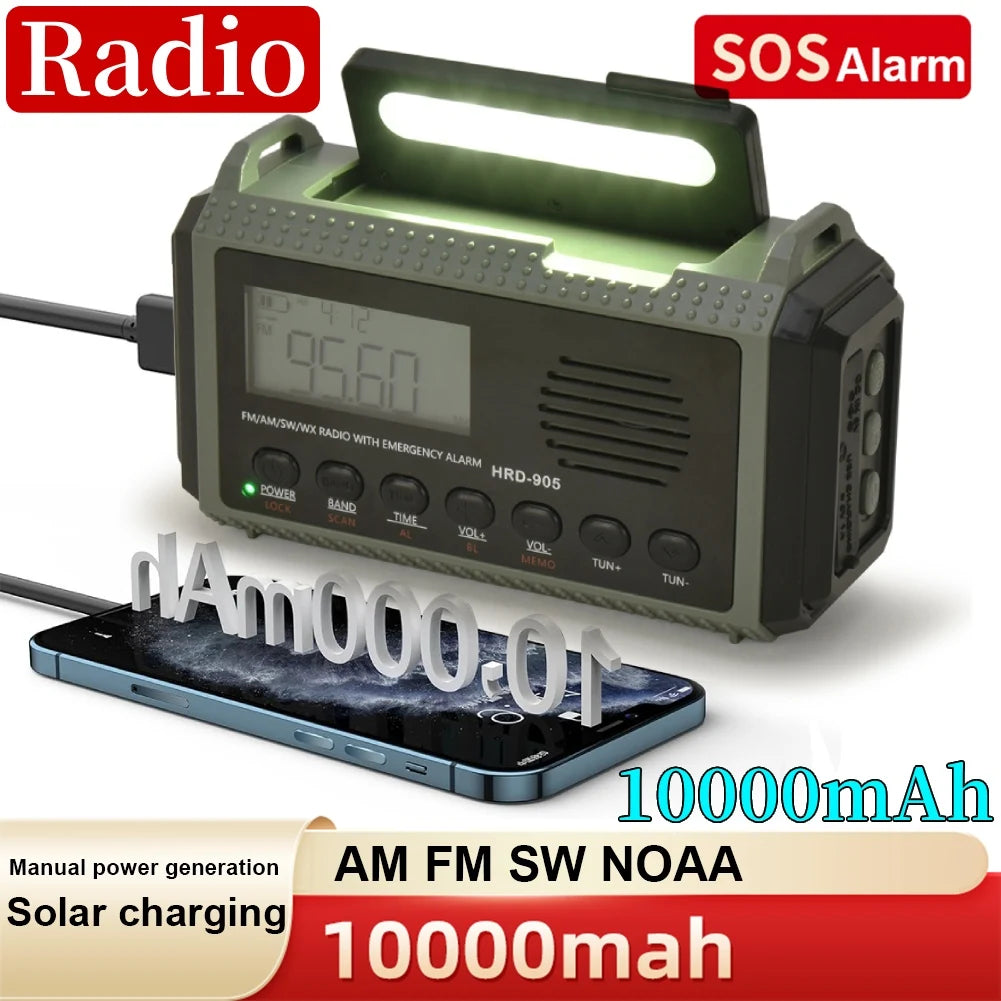 Small Rechargeable Portable Radio Solar Powered Emergency Power Bank survival with LED Flashlight USBC Charging Hand Crank Radio