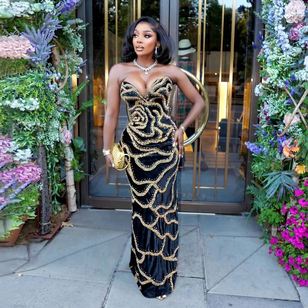 2024 Fall Floral Sequined Strapless Women Sleeveless Long Dress Sexy Birthday Party Evening Prom Maxi Dresses Vestidos