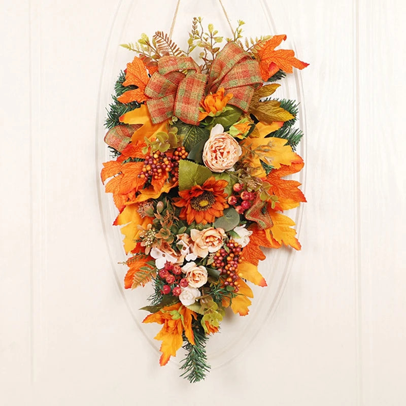 Thanksgiving Door Decorations Fall Wreath Artificial Garland With Peony Berries Maple Sunflower Leaves Harvest Party Pendant