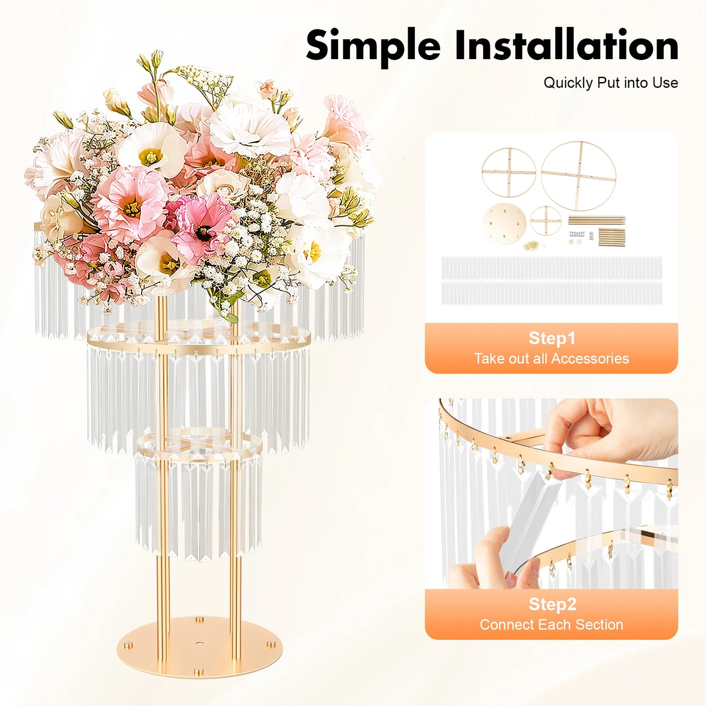 3-Tier/4-Tier Gold Crystal Flower Stand Electroplated Iron Freestanding for Wedding Party Event Decoration