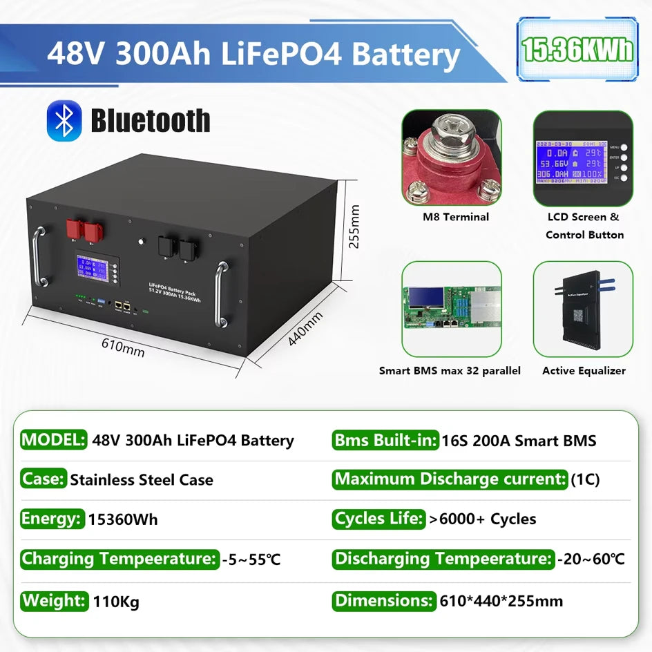 LiFePO4 48V 300Ah 15Kwh Battery Pack 6000 Cycles 51.2V BMS 100Ah 120Ah 150Ah 200Ah Solar Energy Storage Lithium Battery EU STOCK