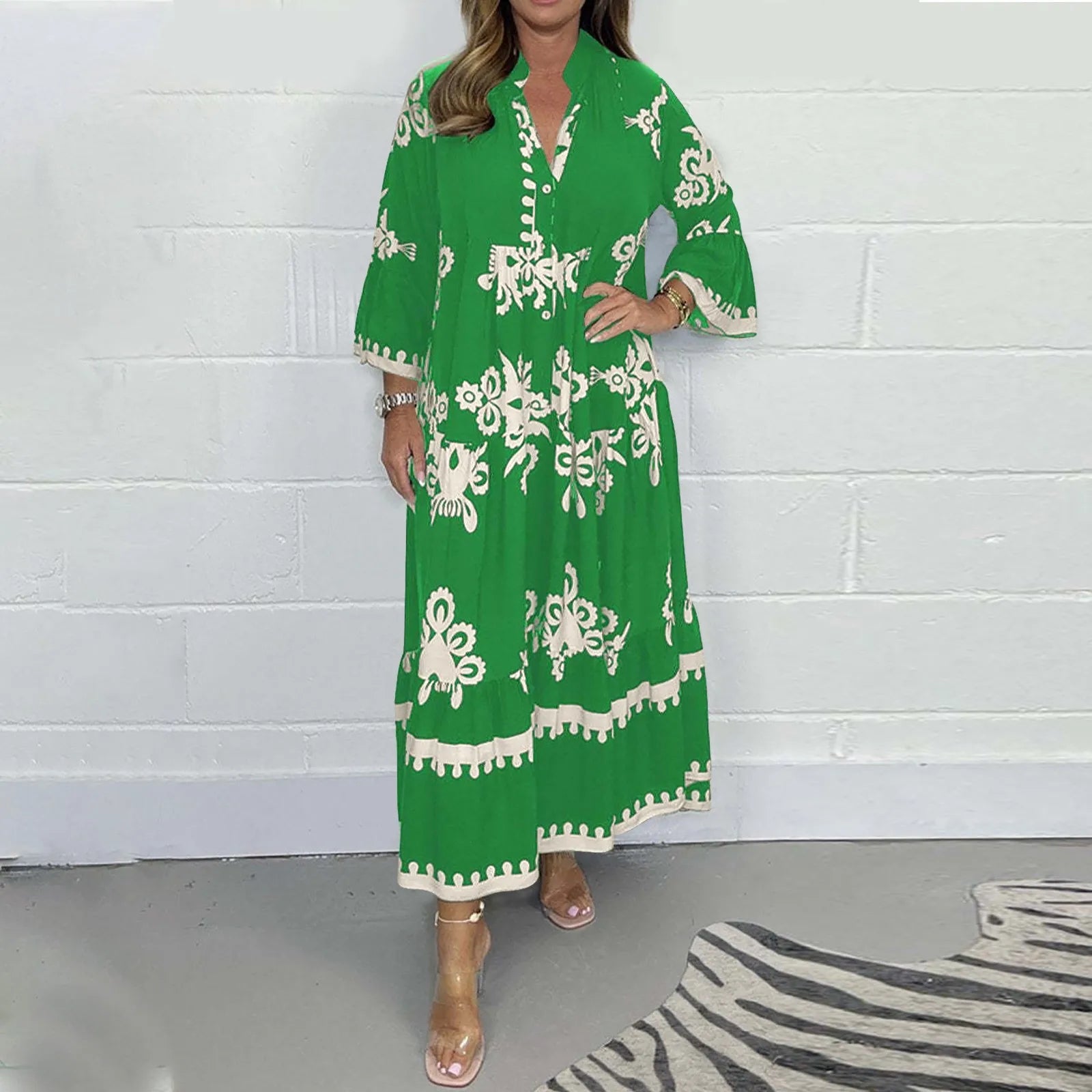 Casual Long Dresses Womens Summer Retro V Neck Print Long Sleeve Dresses Elegant High Quality Party Formal Vestidos Women