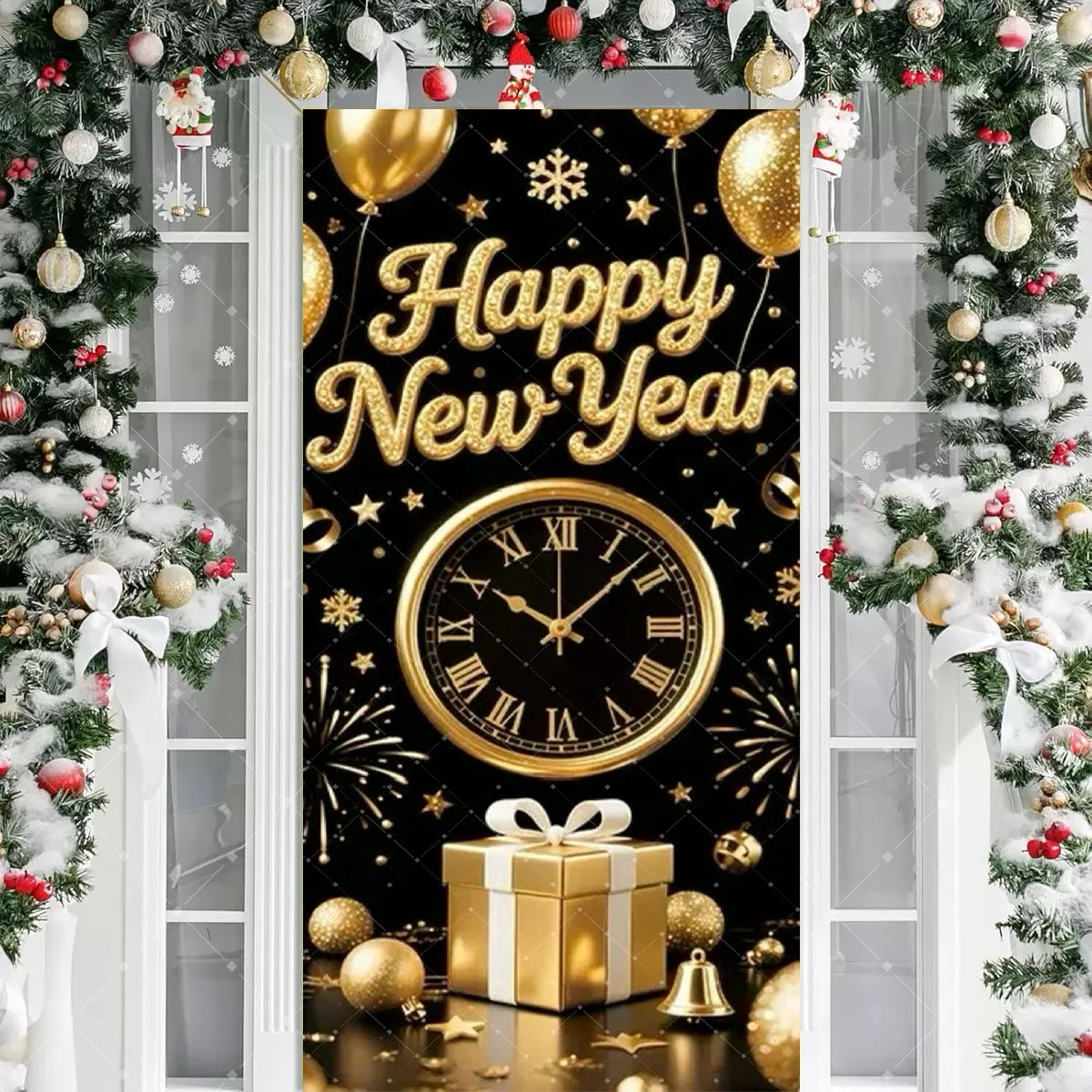 Black Gold 2026 Happy New Year Theme Party Door Decor Backdrop New Year Clock Gift Champagne Party Cake Table Porch Decor Banner