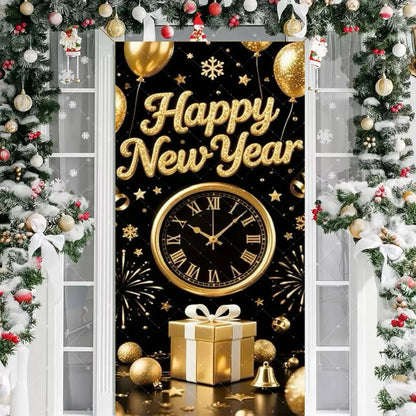 Black Gold 2026 Happy New Year Theme Party Door Decor Backdrop New Year Clock Gift Champagne Party Cake Table Porch Decor Banner