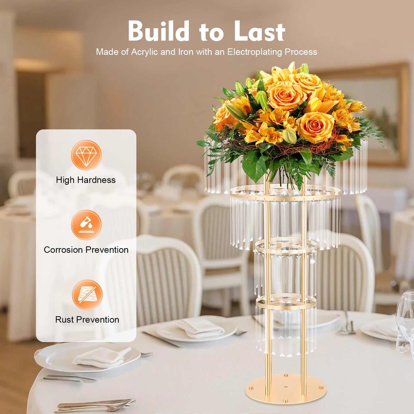 3-Tier/4-Tier Gold Crystal Flower Stand Electroplated Iron Freestanding for Wedding Party Event Decoration