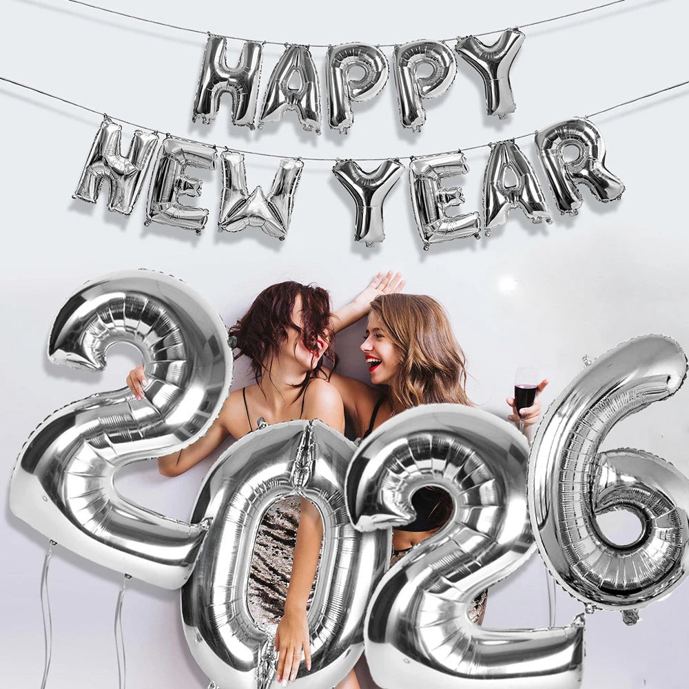 Gold Sliver Happy New Year 2026 Foil Balloons Hello 2026 Letter Balloon Banner Garland Christmas New Year Eve Decorations