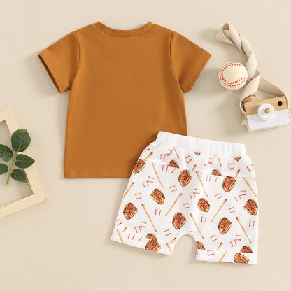 Toddler Boys 2-Piece Outfit Short Sleeve Tee with Fun Embroidery and Matching Baseball Print Shorts for a Stylish Summer Look