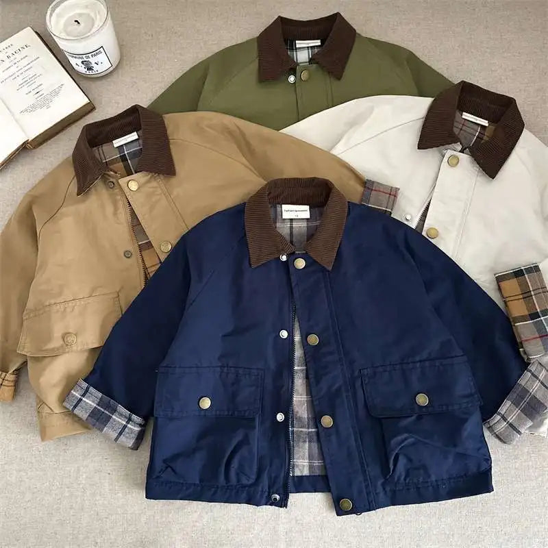 2025  Spring Autumn Kids Boys Jacket Plaid Spliced Pocket Long Sleeve Toddler Boys Outerwears Coat Children Boys Jacket