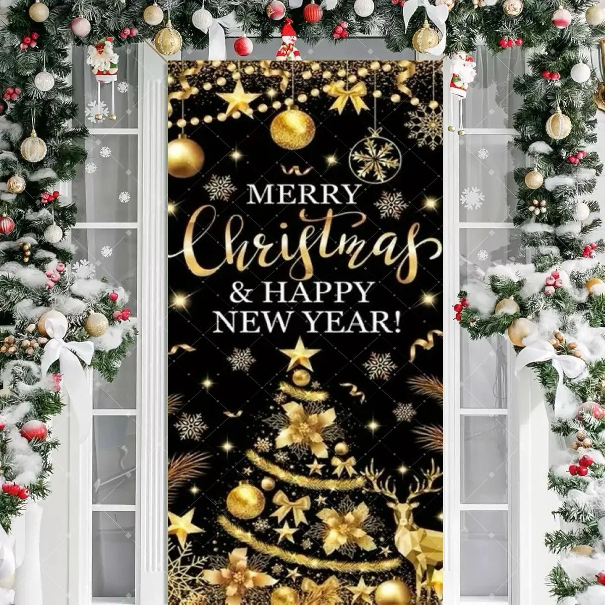 Black Gold 2026 Happy New Year Theme Party Door Decor Backdrop New Year Clock Gift Champagne Party Cake Table Porch Decor Banner