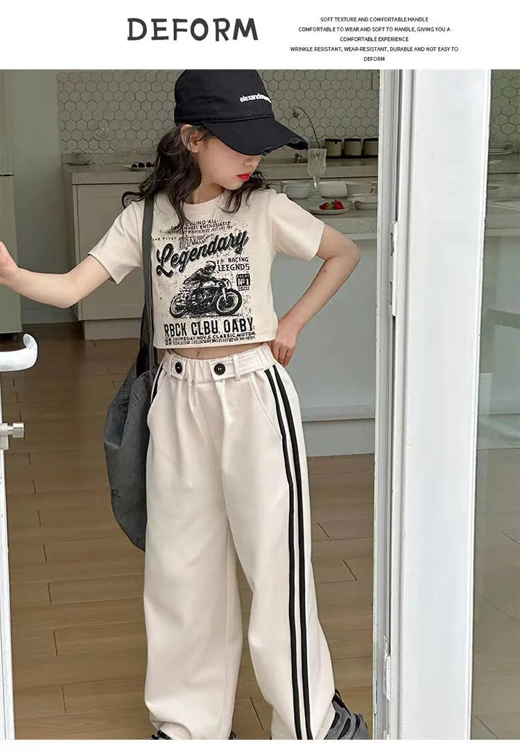 Girls' summer casual suit, new children's fashionable T-shirt, casual pants, summer dress, foreign short-sleeved two-piece set,