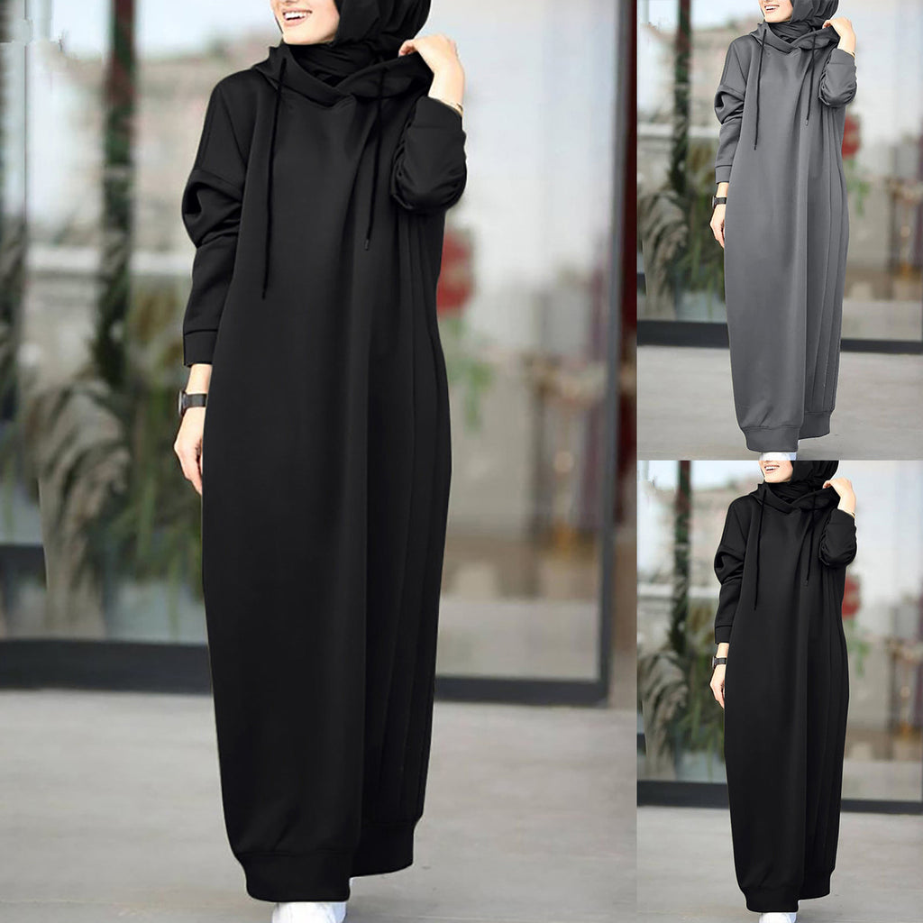 2024 Oversized Women Solid Color Maxi Dress For Women 2023 Long Sleeve Muslim Solid Casual O Neck Oversize Long Sweatshirt
