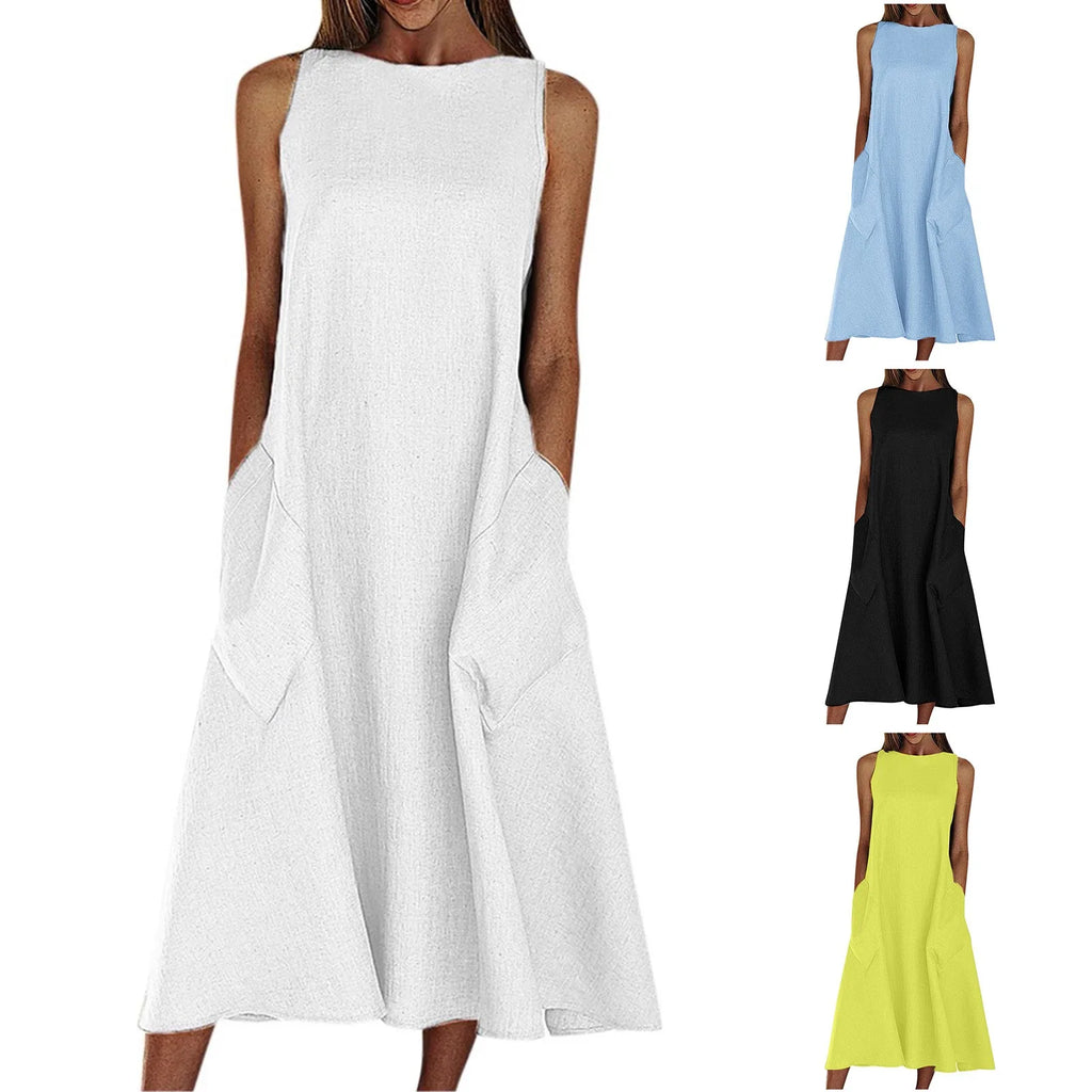 Women'S Loose Dress Cotton Linen Solid Color Summer New Maxi Dress Sleeveless Round Neck With Pocket Casual Daily Long Dress