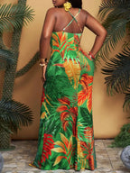 Plus Size Tropical Leaf Print Mermaid Maxi Dress with Thin Straps