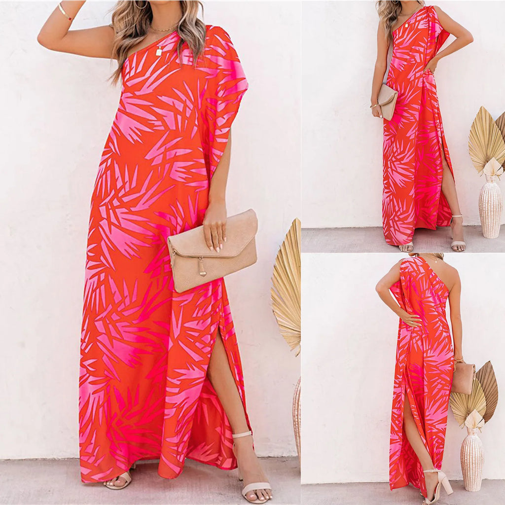 Tropical Printing Women Maxi Dress Summer Elegant One Shoulder Sleeveless Slit Long Party Evening Dress Lady Boho Sundress Robe