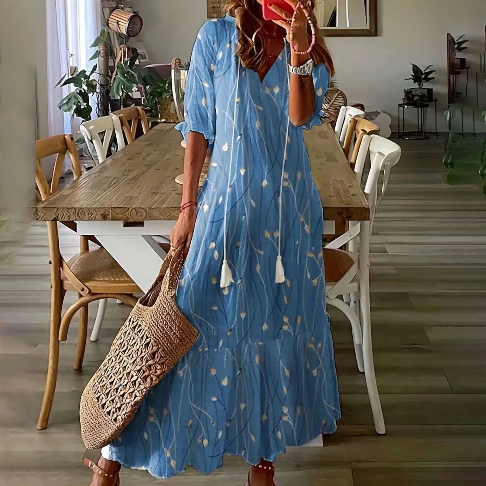 Women Dresses Casual Loose Comfortable Plus Size Dress With Tassels Bohemian Printed V Neck Long Length Woman Vestidosct