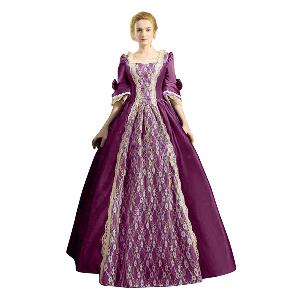 18th Century Medieval Dress Women High Waist Half Sleeve Ball Gown Princess Lace Patchwork Satin Dress Queen Renaissance Costume