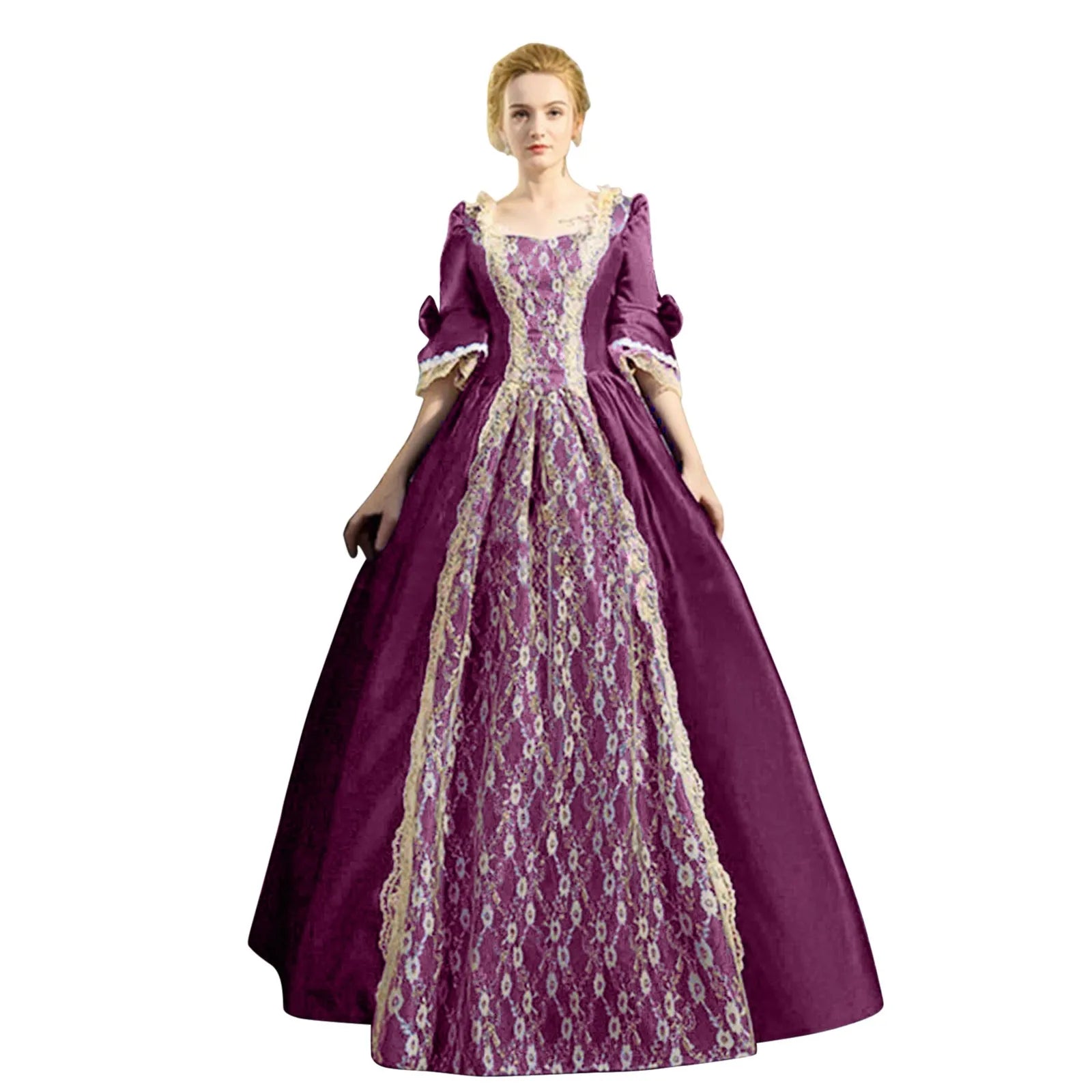 18th Century Medieval Dress Women High Waist Half Sleeve Ball Gown Princess Lace Patchwork Satin Dress Queen Renaissance Costume