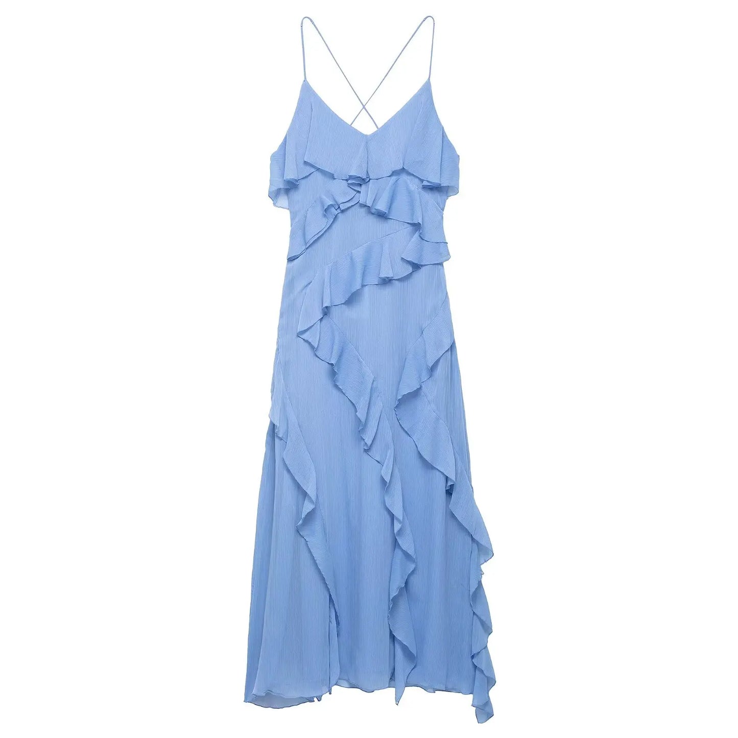TRAFZA Woman Elegant Chic Zipper Beach Party Dress Summer Women Sexy V-Neck Sleeveless Backless Wrinkles Decorate Midi Dress