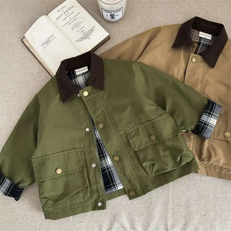 2025  Spring Autumn Kids Boys Jacket Plaid Spliced Pocket Long Sleeve Toddler Boys Outerwears Coat Children Boys Jacket