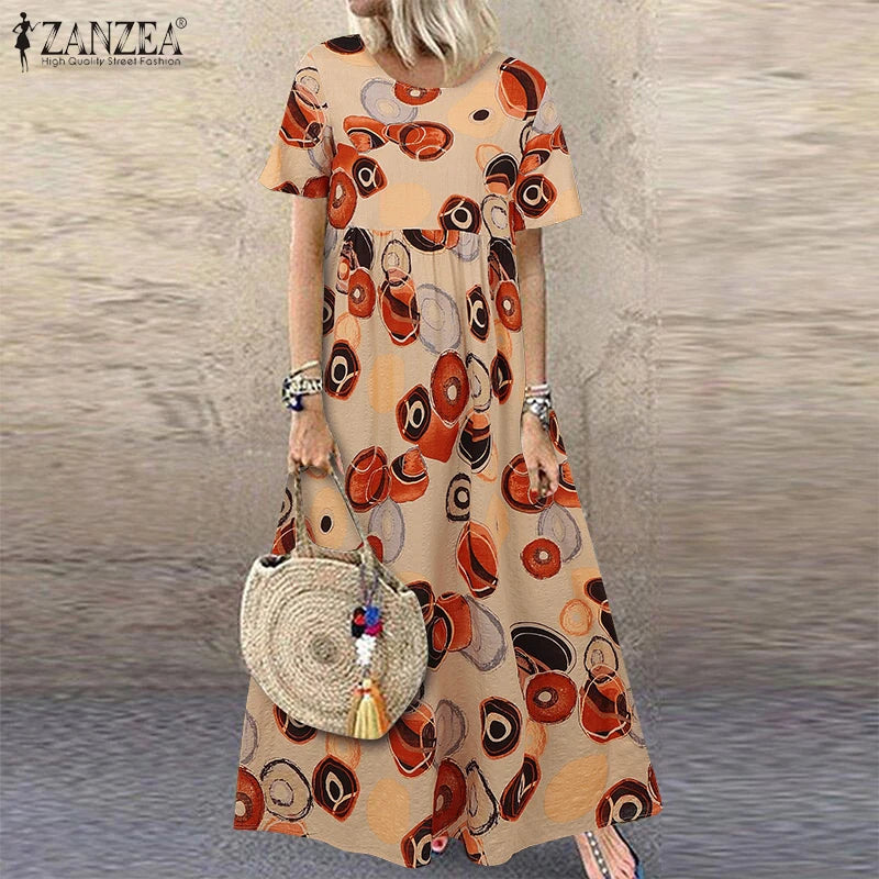 ZANZEA Short Sleeve Printing Maxi Dresses Casual Vacation Woman Bohemian A-line Robes Femme 2025 Summer Loose O-Neck Long Dress