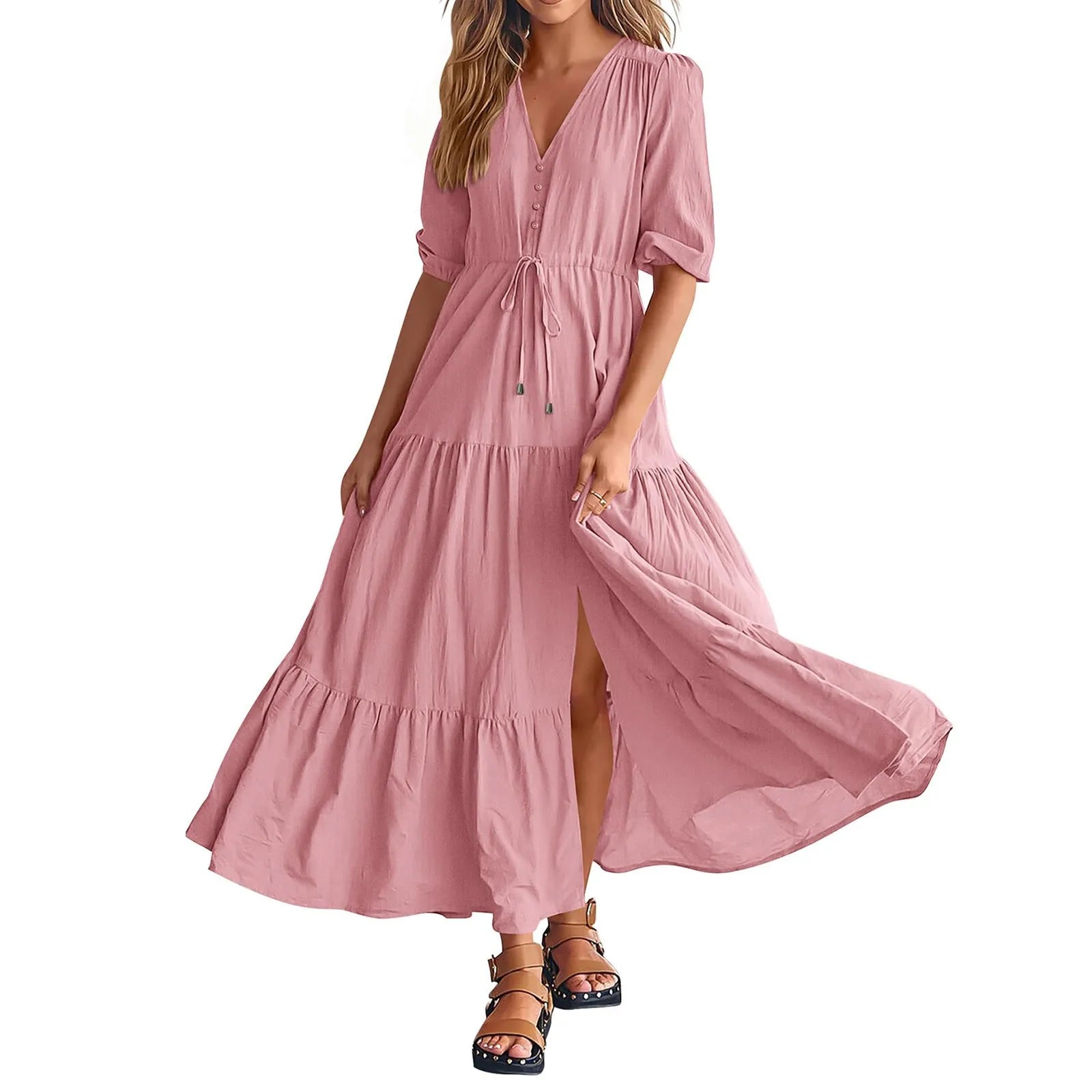Women Button Drawstring Maxi Dresses Summer Lantern Sleeve Solid Color Boho Long Dresses Sexy A Line Tierred Large Swing Dress