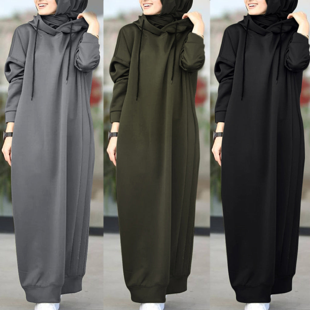 2024 Oversized Women Solid Color Maxi Dress For Women 2023 Long Sleeve Muslim Solid Casual O Neck Oversize Long Sweatshirt