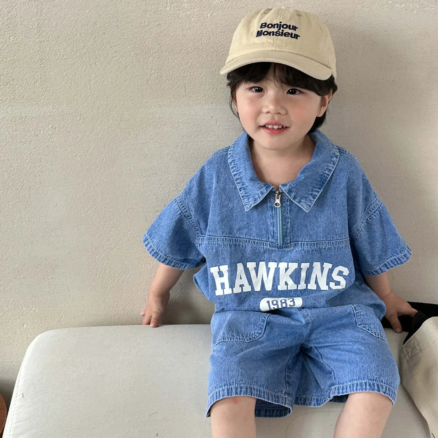5816C Children's Clothing Set Denim Suit Summer Casual Boy's Denim Suit Letter Print Top+ Shorts Casual Two-piece Suit