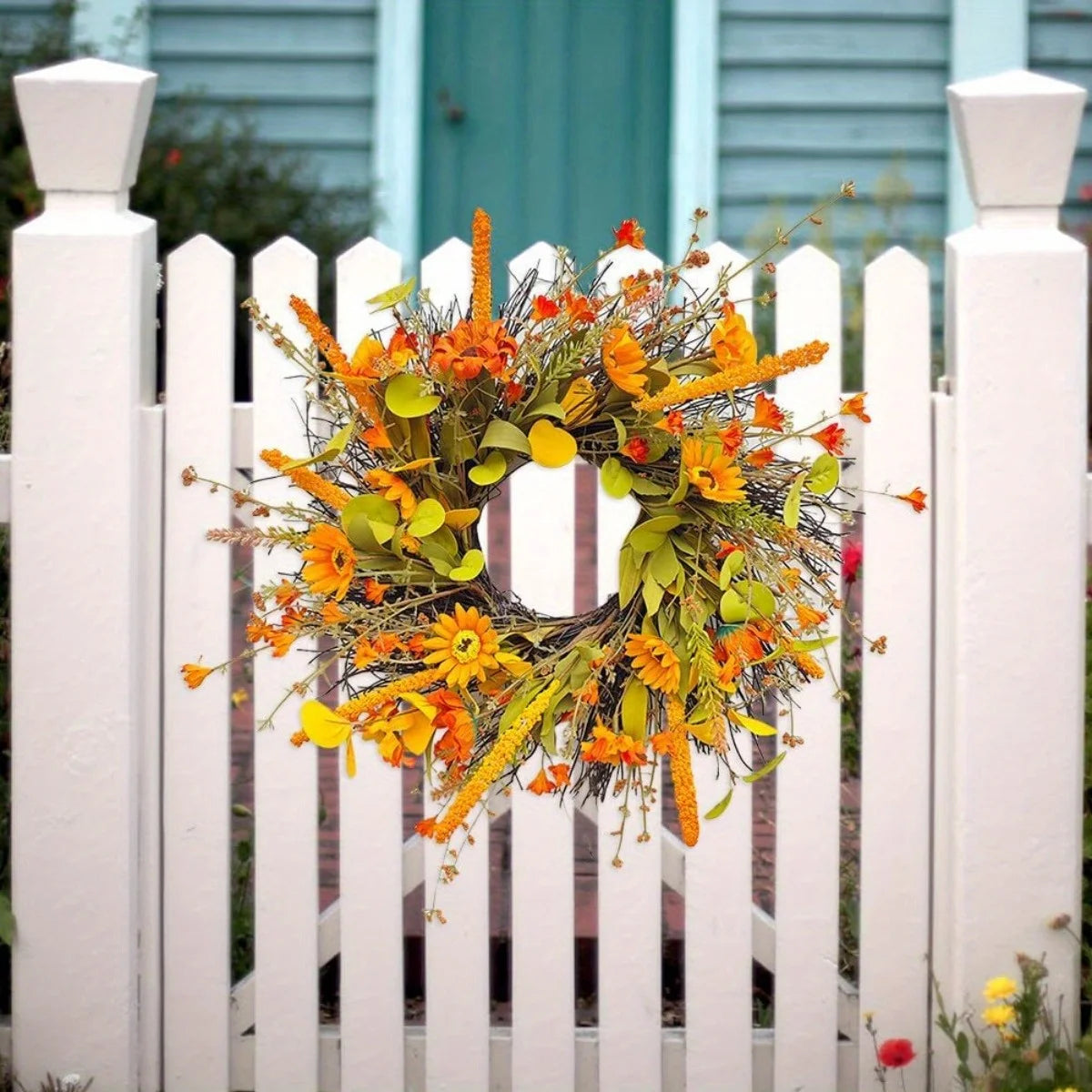 17.7" Fall Wreath for Front Door Orange Farmhouse Harvest Sunflower Wreath with Daisy Flowers Thanksgiving Wreath for Front Door