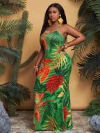 Plus Size Tropical Leaf Print Mermaid Maxi Dress with Thin Straps