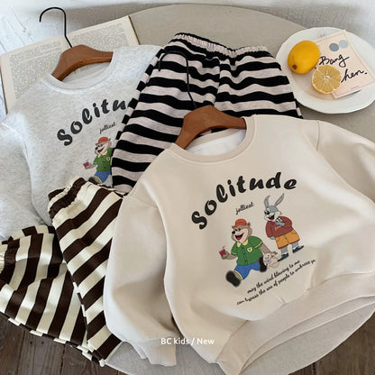 Kids Baby Boys Autumn Sets Cartoon Printed Sweatshirt+striped Elastic Waist Pant 1-8Y Boys Sets Loose Casual Baby Boys Sport Set