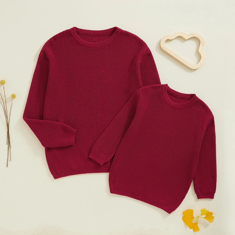 Suefunskry 1PC Mommy and Me Matching Sweaters Solid Color Knitted Long Sleeve Round Neck Warm Pullover Tops for Autumn Winter