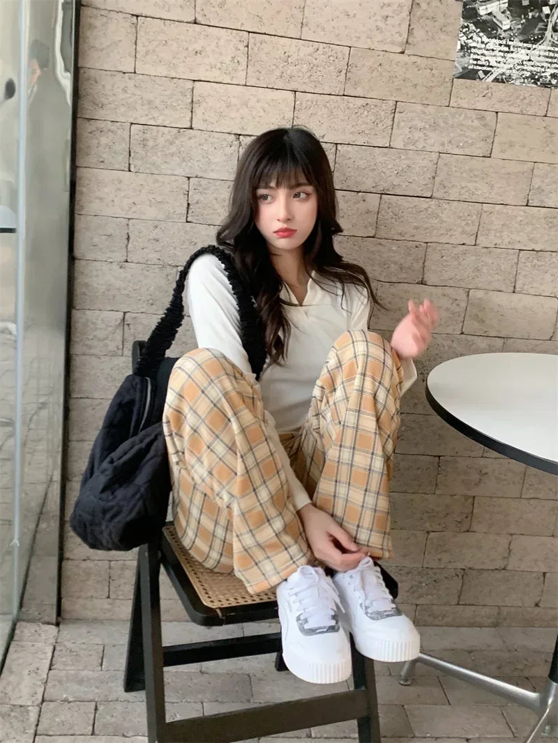 2025 Fashion Warm Plush Pants Cashmere Thick Plaid Ladies Winter Casual Loose Wide-legged Pants Korean Streetwear Students