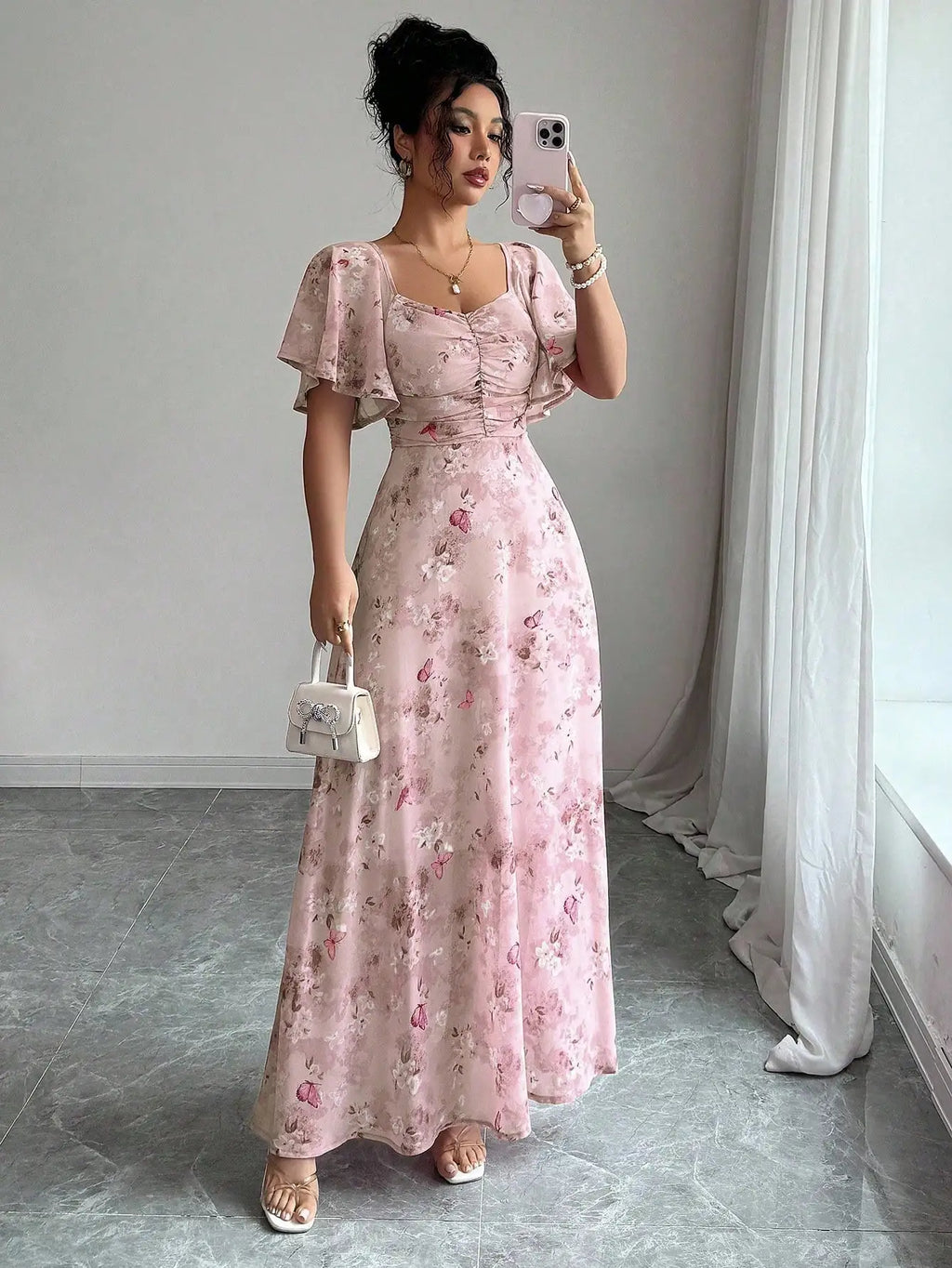 Pink Butterfly Print Chiffon Maxi Dress with Ruched Bodice and Batwing Sleeves for Summer