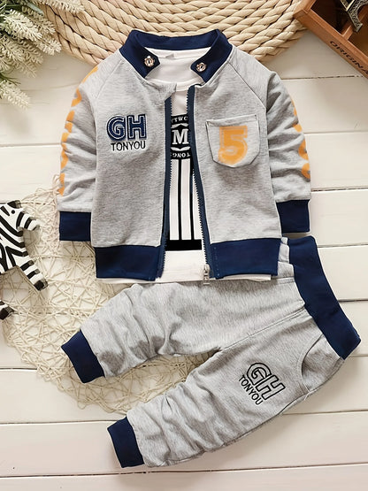 Autumn Toddler Boy Loose Set Digital Printed Coat+T-shirt+Casual Sports Pants 3-Piece Set