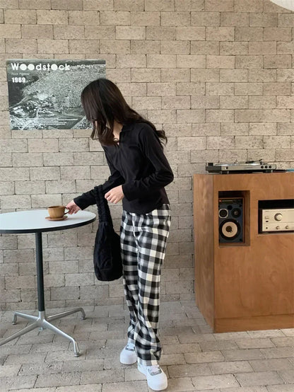 2025 Fashion Warm Plush Pants Cashmere Thick Plaid Ladies Winter Casual Loose Wide-legged Pants Korean Streetwear Students