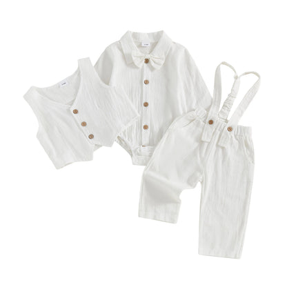 Toddler Boys Winter 4Pcs Outfit Set Long Sleeve Lapel Button Shirt Vest Suspender Pants Bowtie Sets Warm Clothes