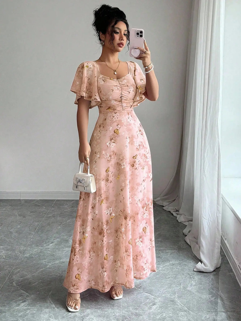 Pink Butterfly Print Chiffon Maxi Dress with Ruched Bodice and Batwing Sleeves for Summer