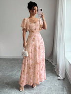 Pink Butterfly Print Chiffon Maxi Dress with Ruched Bodice and Batwing Sleeves for Summer